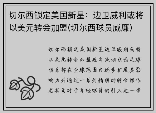 切尔西锁定美国新星：边卫威利或将以美元转会加盟(切尔西球员威廉)