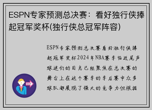 ESPN专家预测总决赛：看好独行侠捧起冠军奖杯(独行侠总冠军阵容)